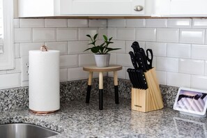 Un comptoir de cuisine avec un rouleau d’essuie-tout, une plante en pot, un range-couteaux et un cadre photo.