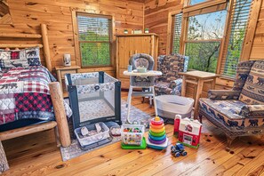 3 bedrooms, blackout drapes, iron/ironing board, travel crib
