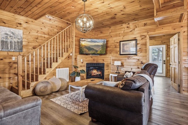 Smart TV, fireplace, video games, DVD player