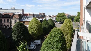 Un quartier résidentiel avec des arbres, des voitures garées et des immeubles.