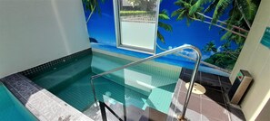 Enjoy a refreshing swim in the pool surrounded by a tropical beach mural and a glass barrier for safety.