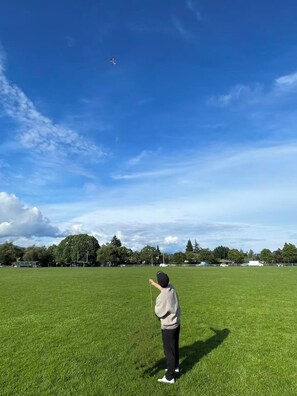 A person flying a kite in a grassy field with trees and a clear sky in the background. - Modern 1BR Suite, Quiet Vancouver Westside, Free Parking (Vancouver)