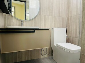 Chuveiro, toalhas de banho, papel higiênico 