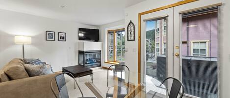 TV, fireplace, books