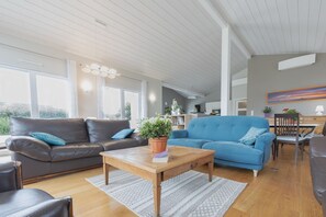 Smart-tv, ett bordtennisbord, ett musikbibliotek och en stereo