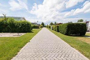 A paved pathway flanked by neatly trimmed hedges and grass, leading to a building with a sloped roof. - Luxury chalet with garden in quiet location in Renesse (Renesse)