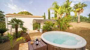 A hot tub in a garden with a house in the background.