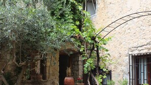 Un bâtiment rustique en pierre, doté d’un petit jardin comprenant des plantes en pot et un banc en bois.