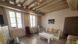 A living room with a wooden floor, a sofa, a chair, a table, and a radiator. - Townhouse in Orléans, near Loire and center (Orléans)