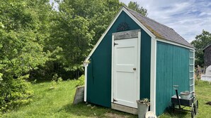 Un petit abri de jardin vert, avec une porte blanche, une petite fenêtre et une échelle appuyée contre le mur.