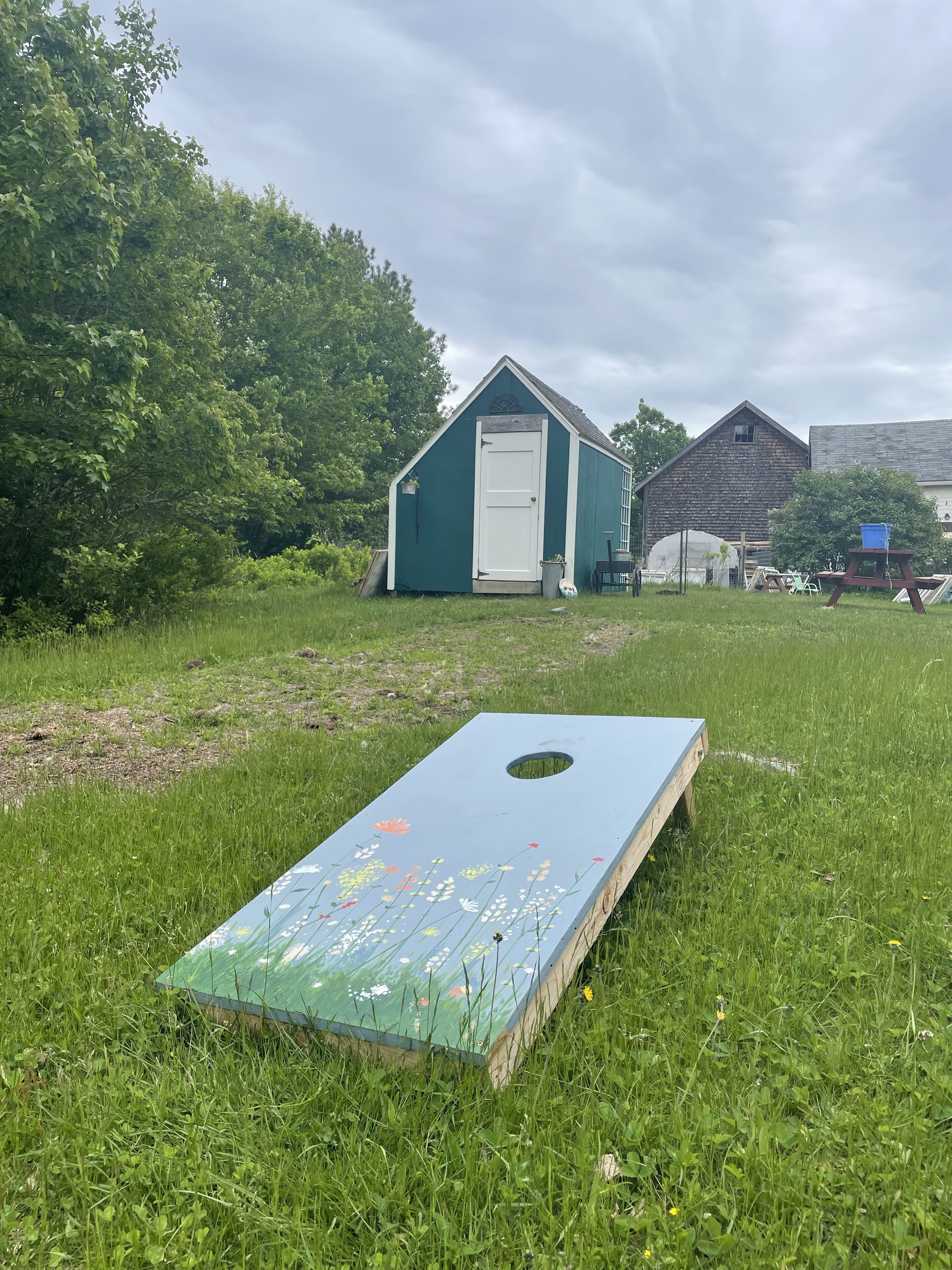 A green field with a blue wooden board with painted flowers, a small shed, and a wooden barn in the background.