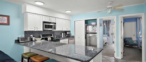 Coffee/tea maker, fridge, microwave, oven