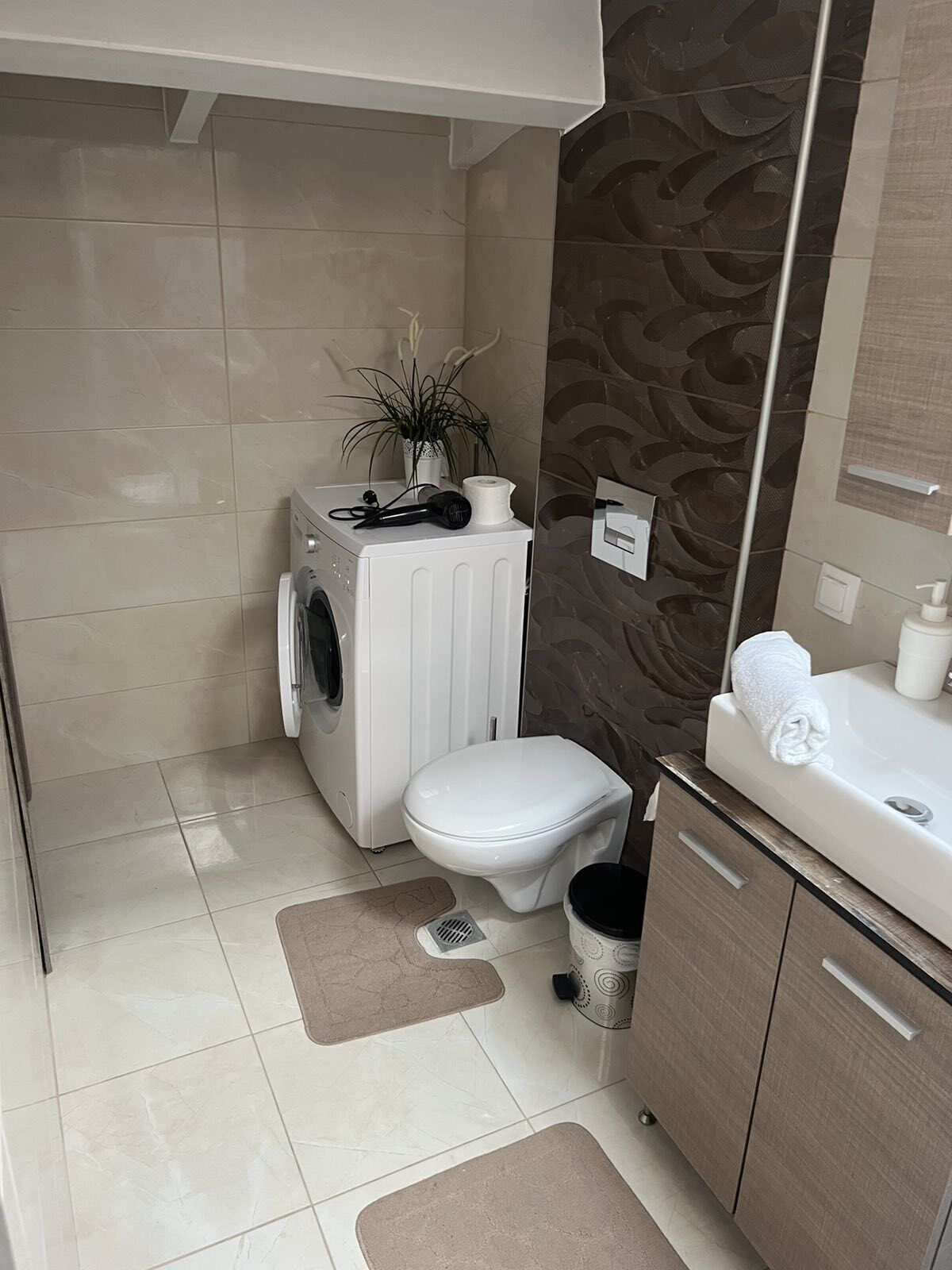 Une petite salle de bain équipée d’un lave-linge, de toilettes et d’un lavabo.