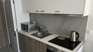 A modern kitchen with a refrigerator, microwave, sink, stove, and kettle. - Vero Resort Townhouse Hanioti (Халкидики)