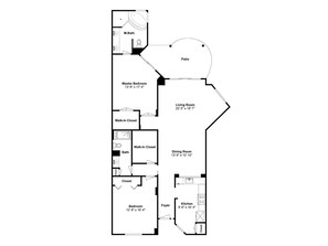 A floor plan of a house with a master bedroom, living room, dining room, kitchen, master bathroom, walk-in closets, and a patio. - Beach Colony West #2C | Beachfront Balcony, Luxury Finishes, & Top-Notch Ameniti (Perdido Key)