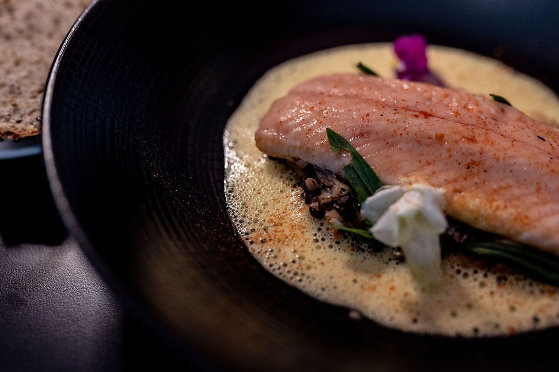 A dish with a piece of fish on a creamy sauce, garnished with herbs and a flower.