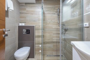 A modern bathroom with a glass-enclosed shower, a toilet, and a sink.