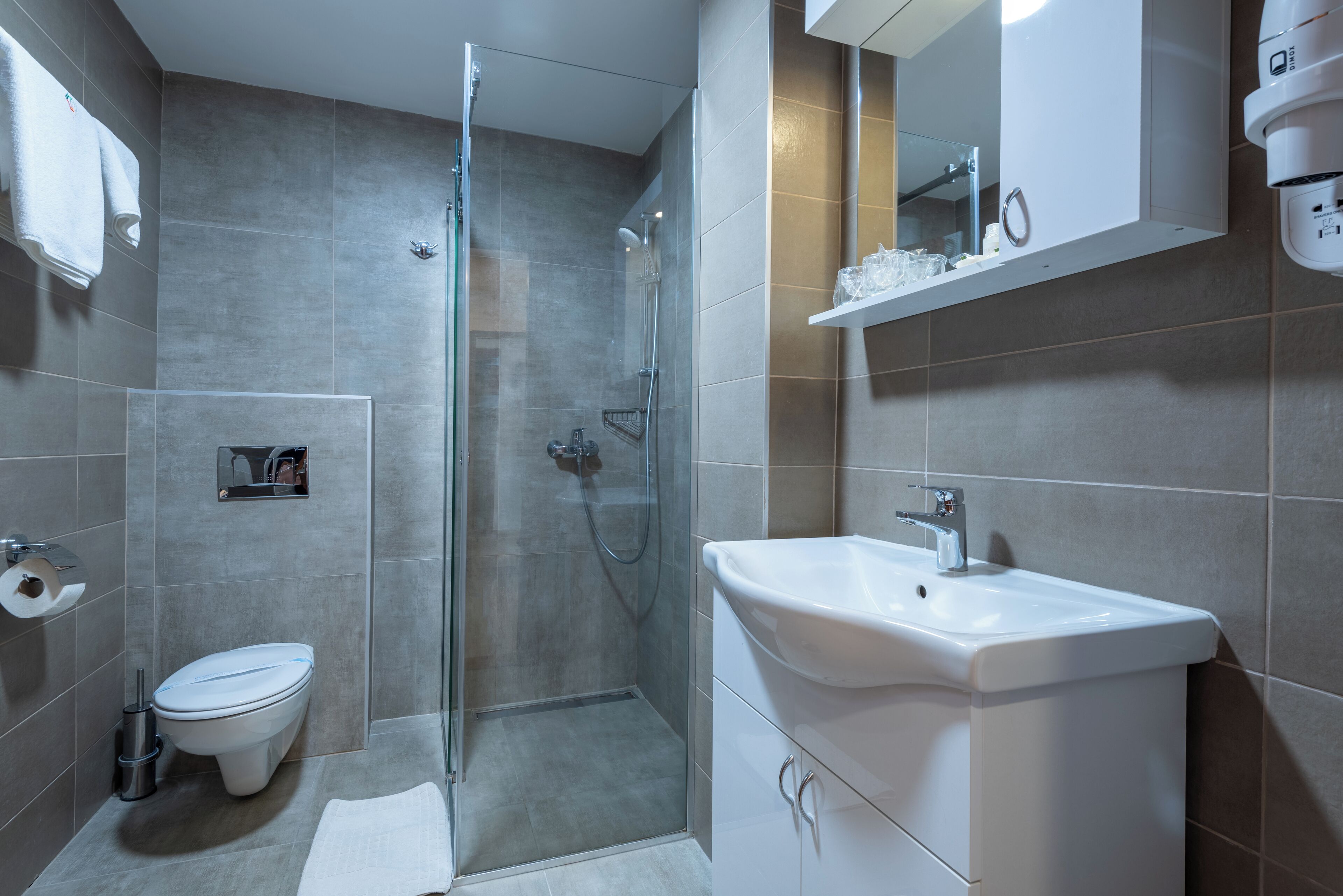 A modern bathroom with a glass-enclosed shower, a white sink, and a toilet.