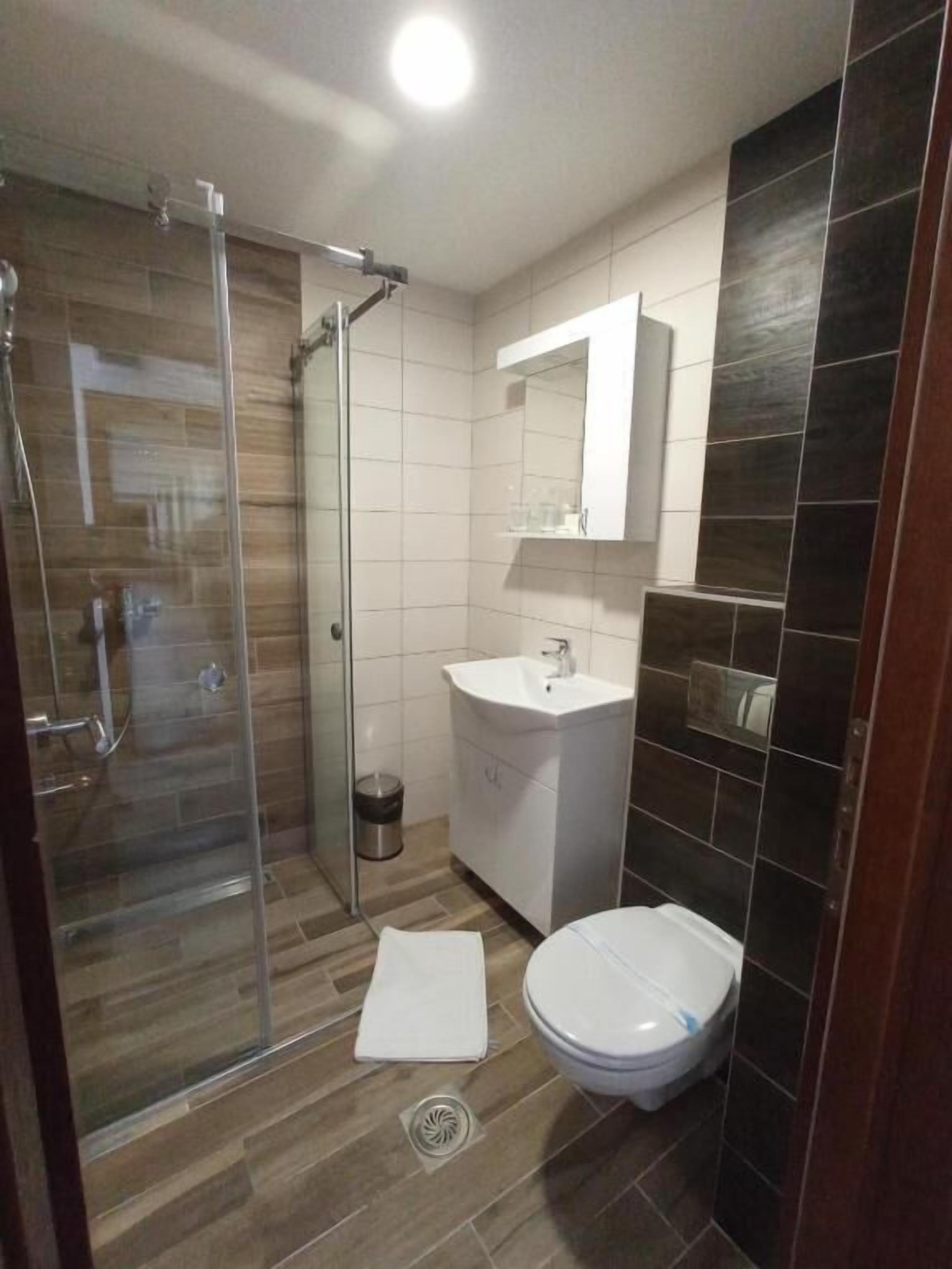 A modern bathroom with a glass shower enclosure, a white sink, and a toilet.