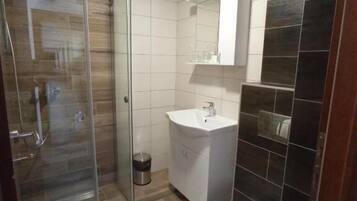 A modern bathroom with a glass shower enclosure, a white sink, and a toilet.