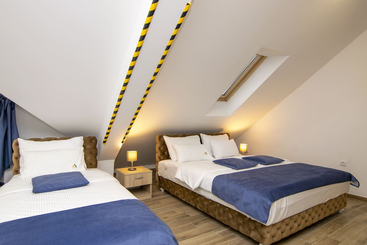 A bedroom with two beds, a skylight, and a nightstand with a lamp.