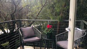 A wooden deck with a metal railing, two wicker chairs with cushions, a small table with a vase of red flowers, and a glass door.