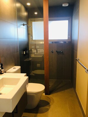 Suihku, poreamme, hiustenkuivaaja, pyyhkeet