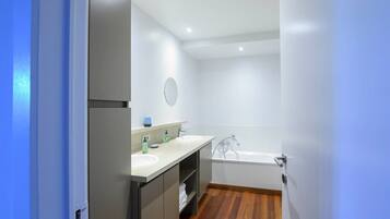 Shower, hair dryer, towels, shampoo