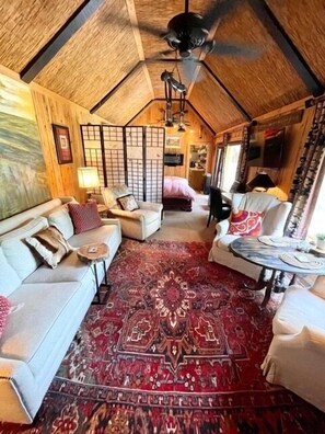 1 bedroom, desk, iron/ironing board, travel cot