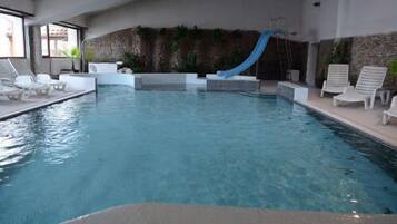 Indoor pool, outdoor pool, sun loungers
