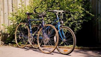 Uma bicicleta azul estacionada junto a uma cerca de madeira, com vegetação ao fundo.