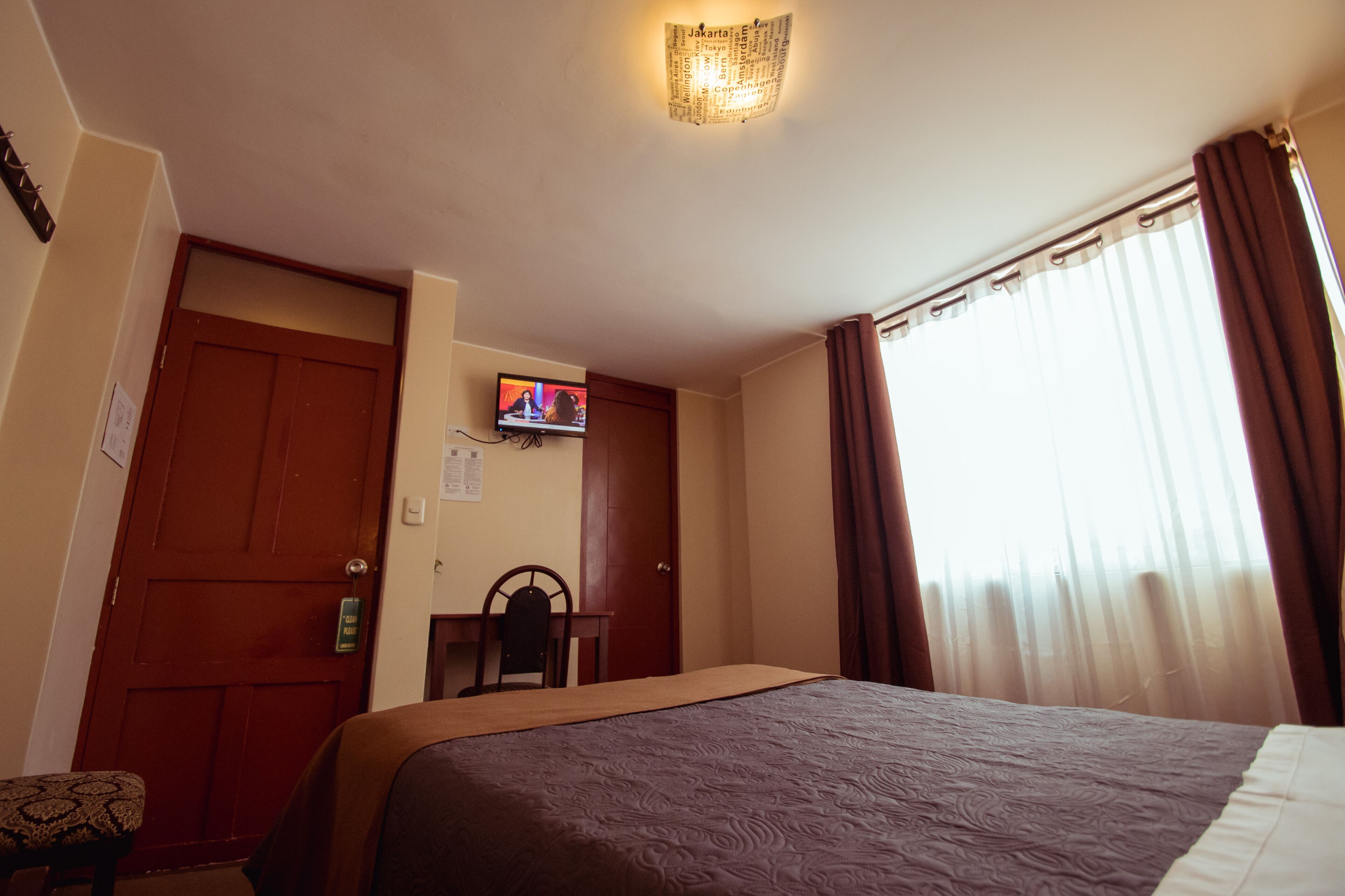 desk, blackout curtains, free wifi, bed sheets