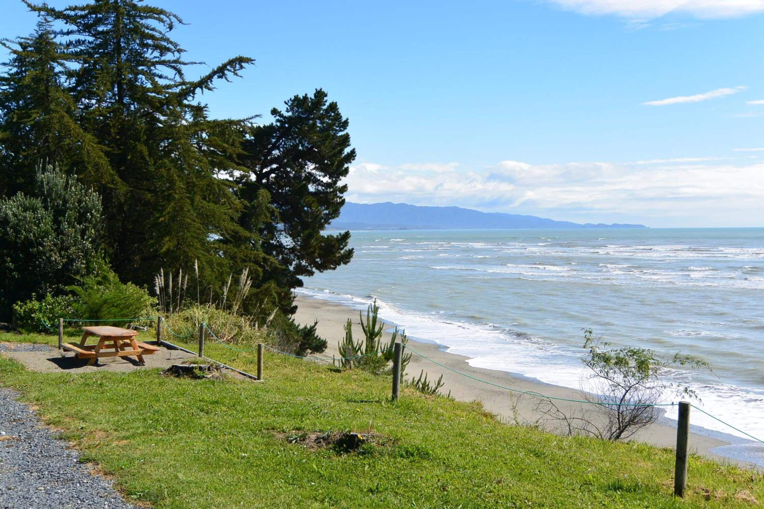 A beach with a picnic table, grassy area, and a view of the ocean.