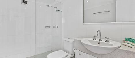 A modern bathroom with a glass-enclosed shower, a white toilet, and a sink with a mirror above.