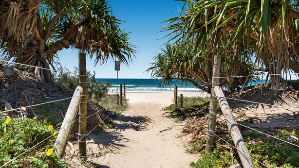 A sandy beach path with wooden posts and wire fencing leading to the ocean. - Mylos Holiday Apartments (Maroochydore)