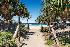 A sandy beach path with wooden posts and wire fencing leading to the ocean.
