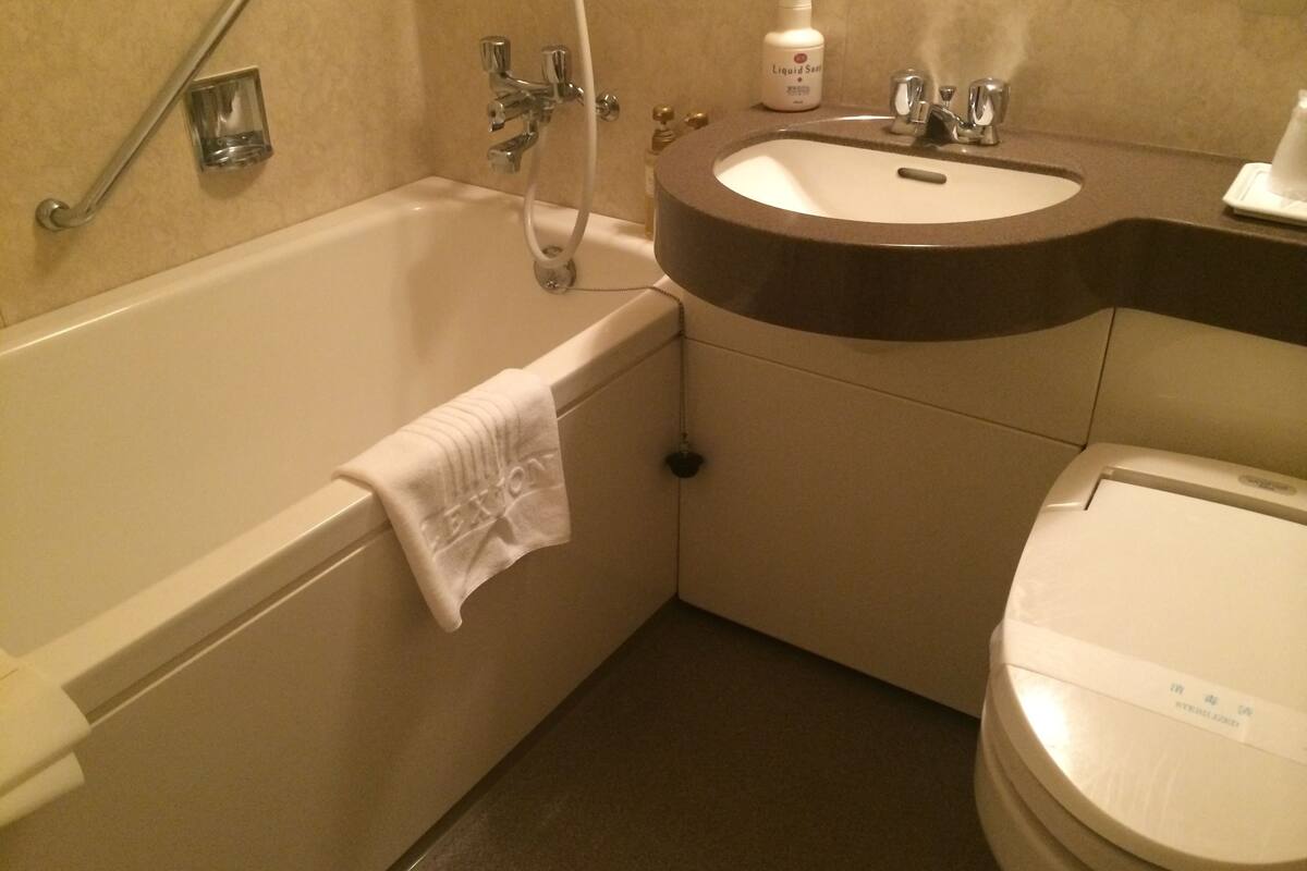 combined shower/bathtub, deep-soaking bathtub, free toiletries