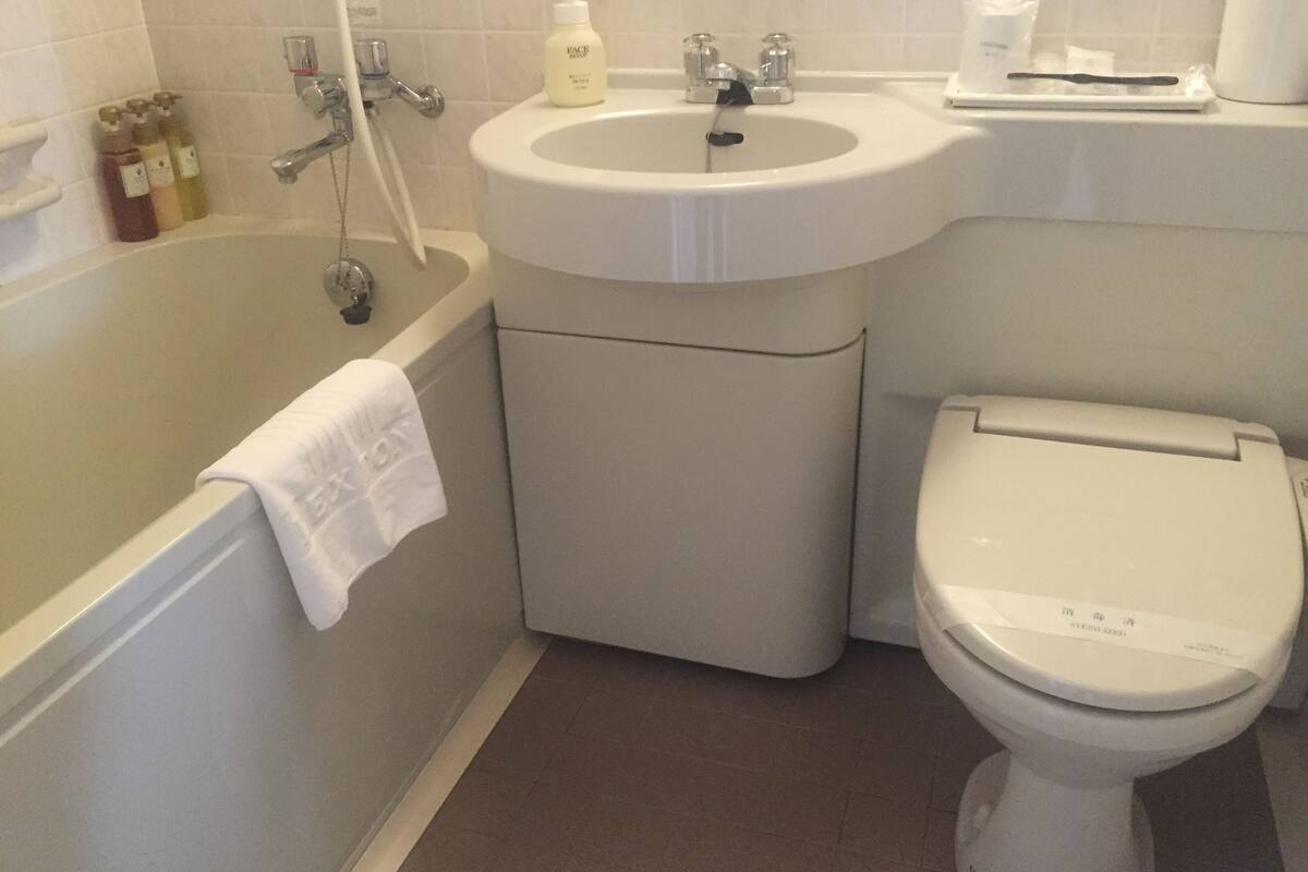 combined shower/bathtub, deep-soaking bathtub, free toiletries