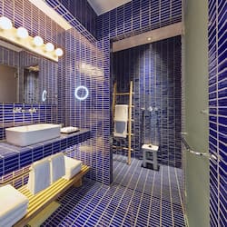 Designer toiletries, hair dryer, bathrobes, slippers