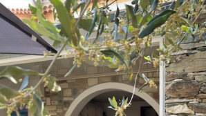 An interior with a stone wall, a kitchen, and a living area with a sofa and a coffee table. - Résidence Le Clos des Oliviers (Sorbo-Ocagnano)