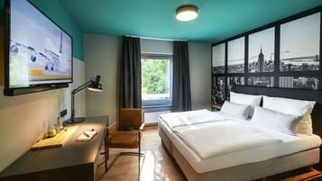 Premium bedding, desk, blackout curtains, iron/ironing board