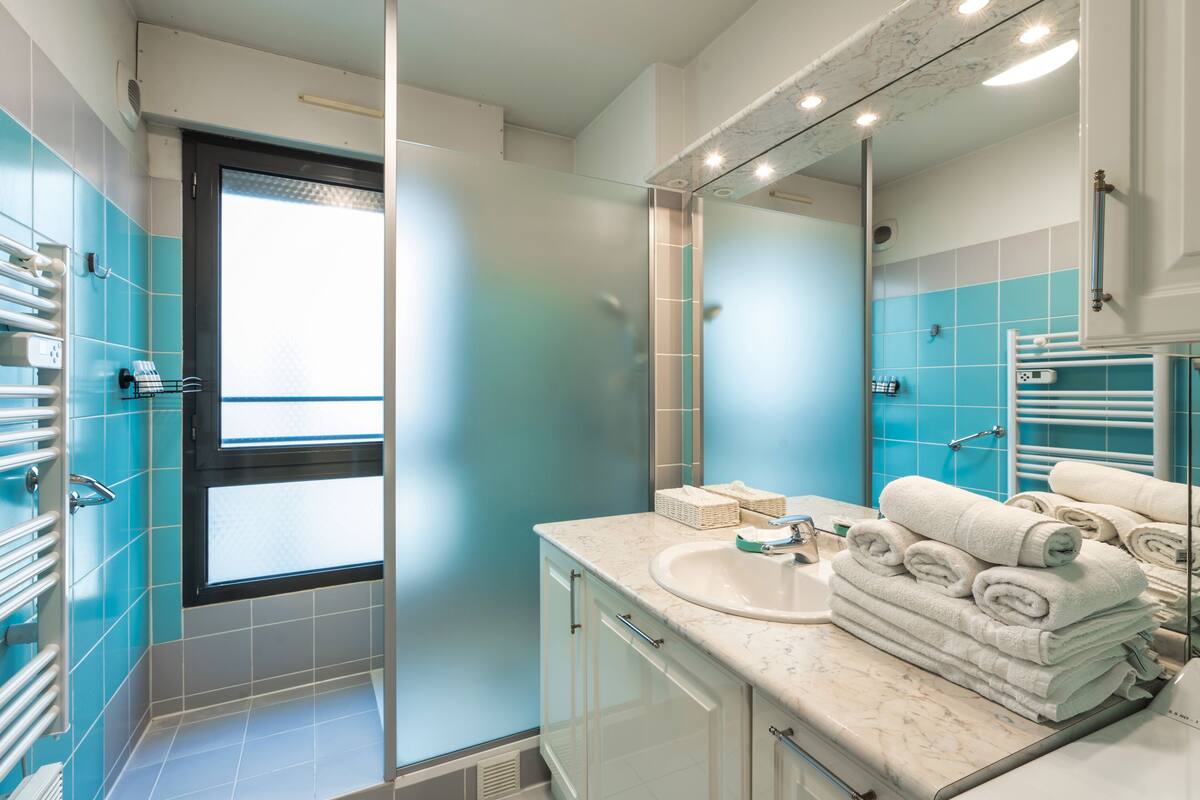 apartment | bathroom | shower, hair dryer, towels