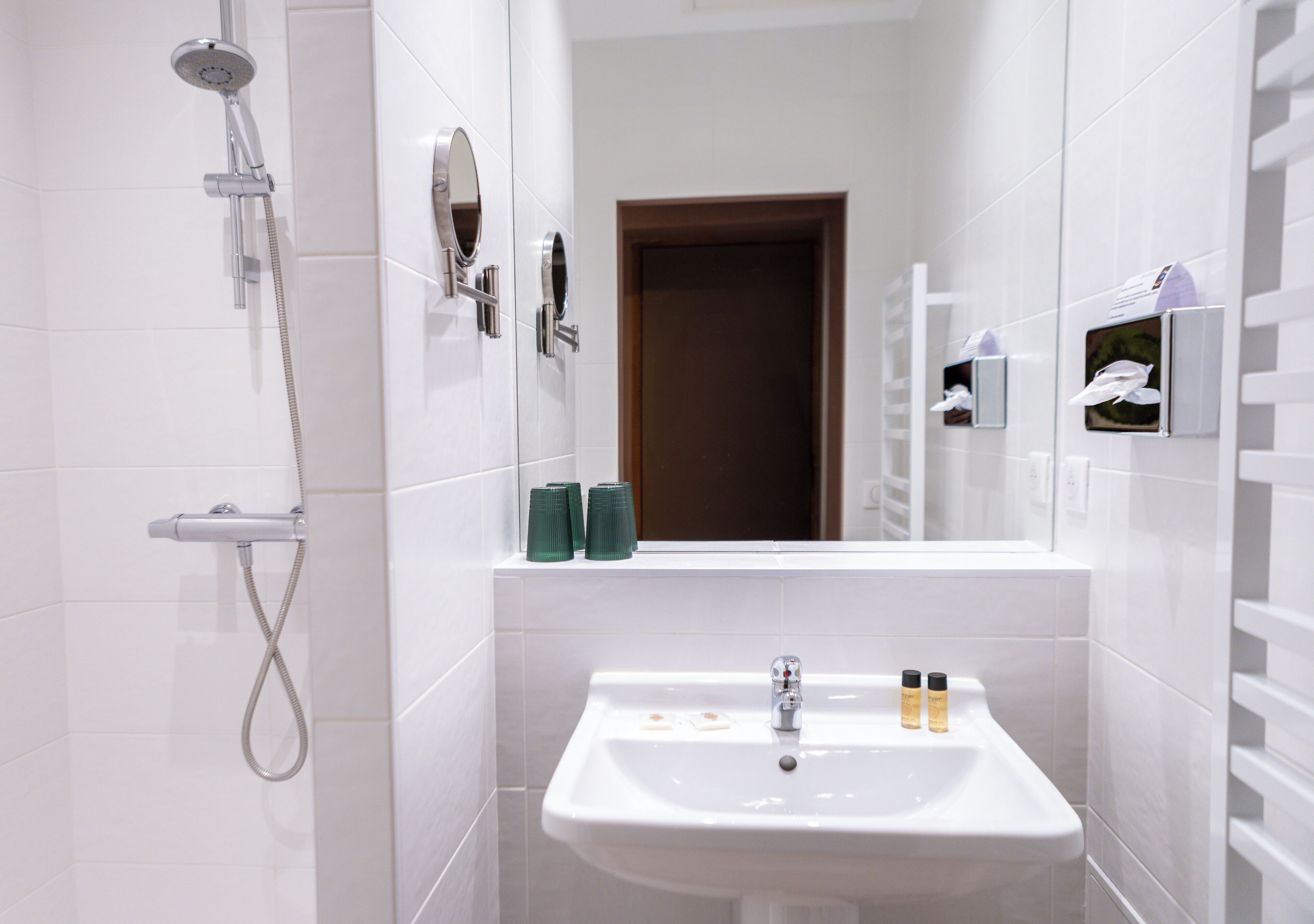 A modern bathroom with a white sink, a handheld showerhead, and a mirror with a wooden door in the background.
