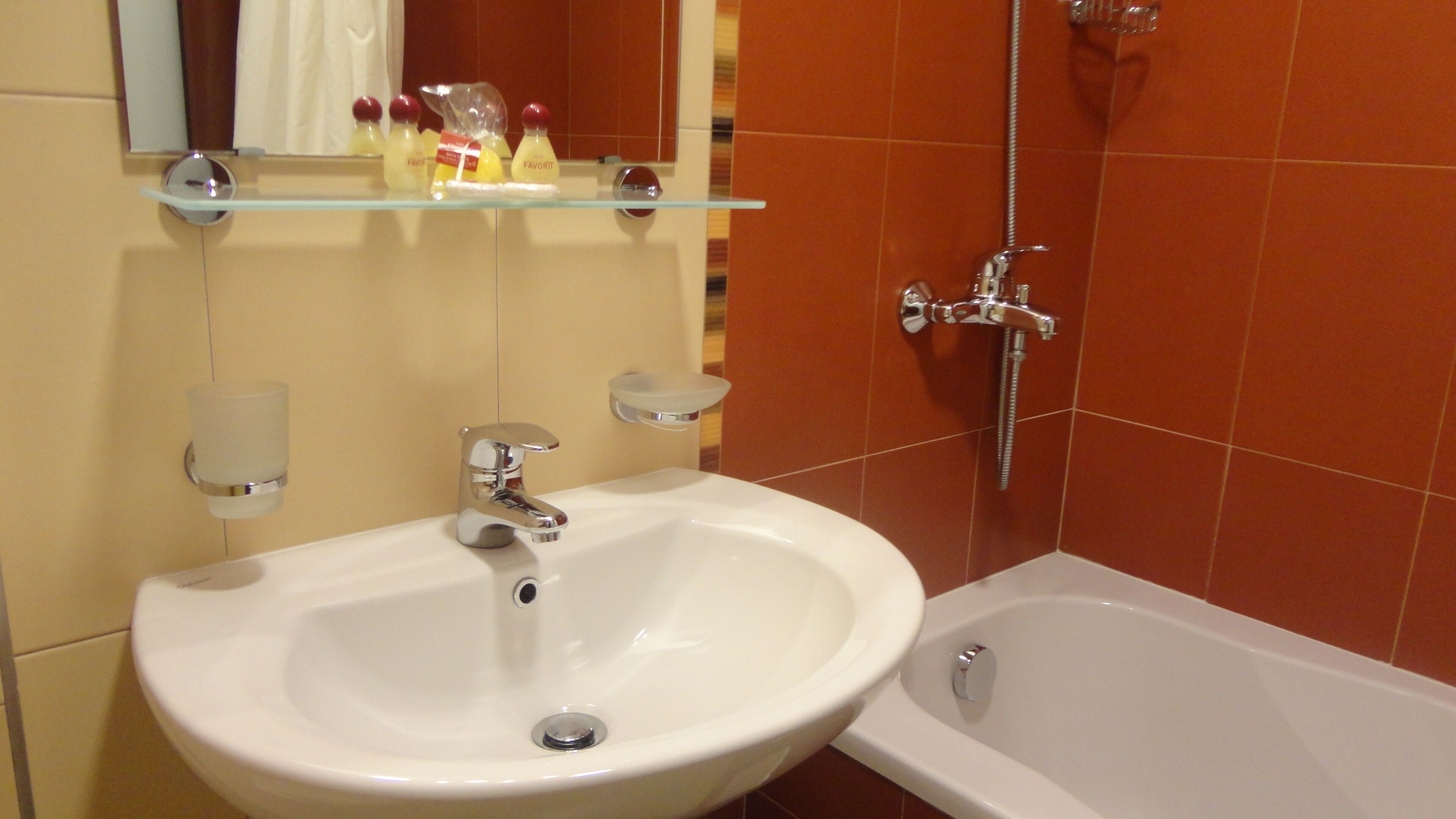 A bathroom with a white sink, a mirror, and a shower.