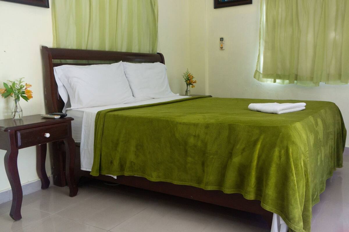 A neatly made bed with a green bedspread, white pillows, and a folded white towel. There is a small table with a vase of flowers and a remote control. A television is on a stand to the right.