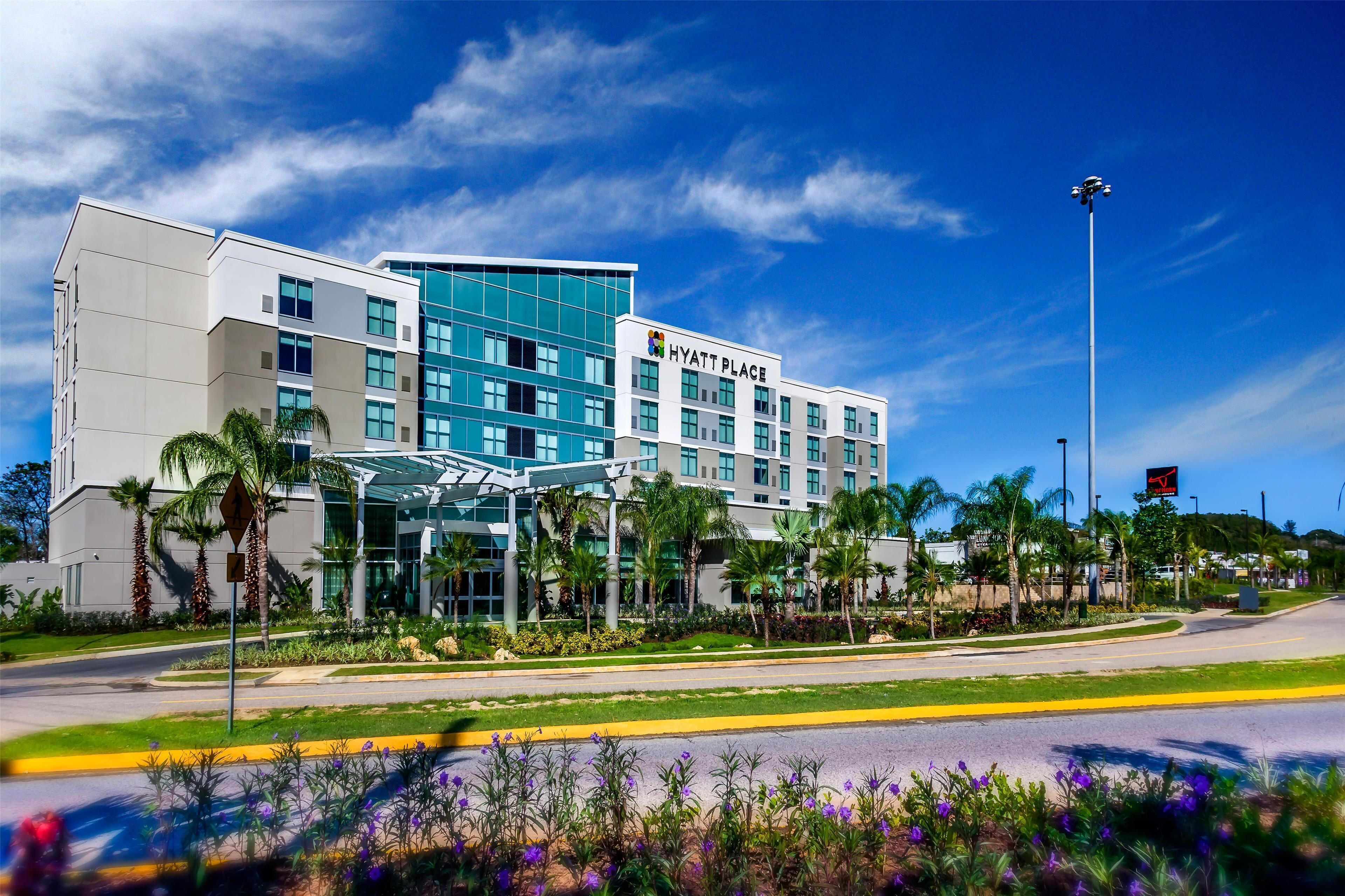 A modern hotel with a glass facade, palm trees, and a clear blue sky.