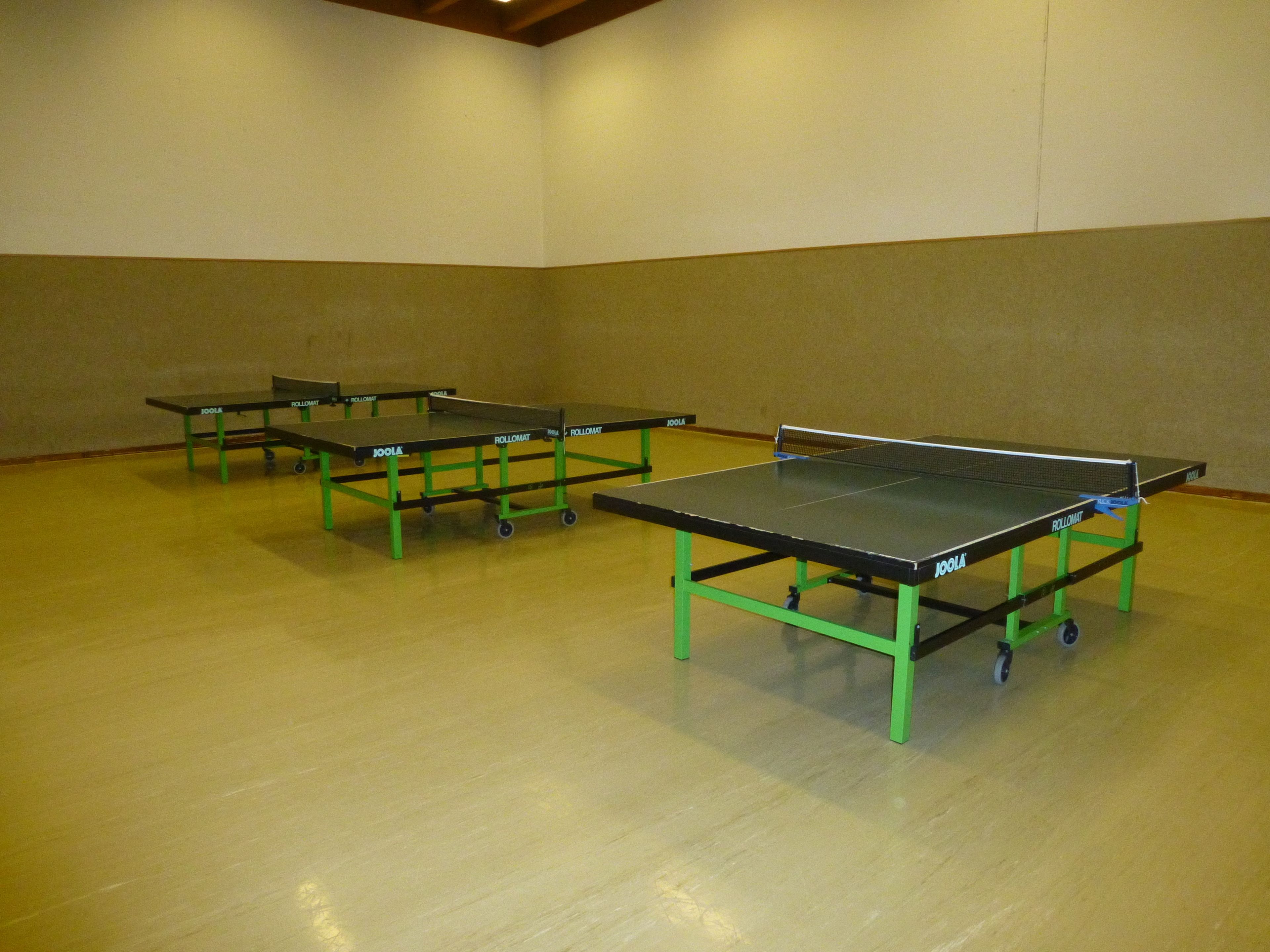 Una stanza con diversi tavoli da ping pong, cornici verdi e pavimento in legno.
