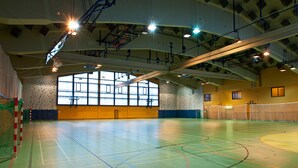 Un gimnasio interior con cancha de baloncesto, ventanas amplias y un techo alto con vigas a la vista.