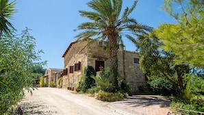 A stone building with a palm tree in front, surrounded by greenery. - Agriturismo Casalicchio (Cammarata)