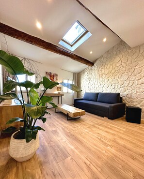 Design appartement, niet-roken (L'Authentique, 46 rue Vacon) | Woonruimte | Een 40-inch flatscreentelevisie met kabelzenders en een televisie